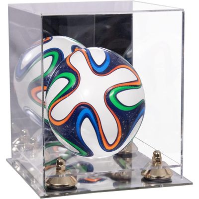 Better Display Cases Acrylic Mini - Miniature (not Full Size) Soccer Ball Display Case with Clear & Mirror Case, Gold Risers and Mirror Base (B03/A015)