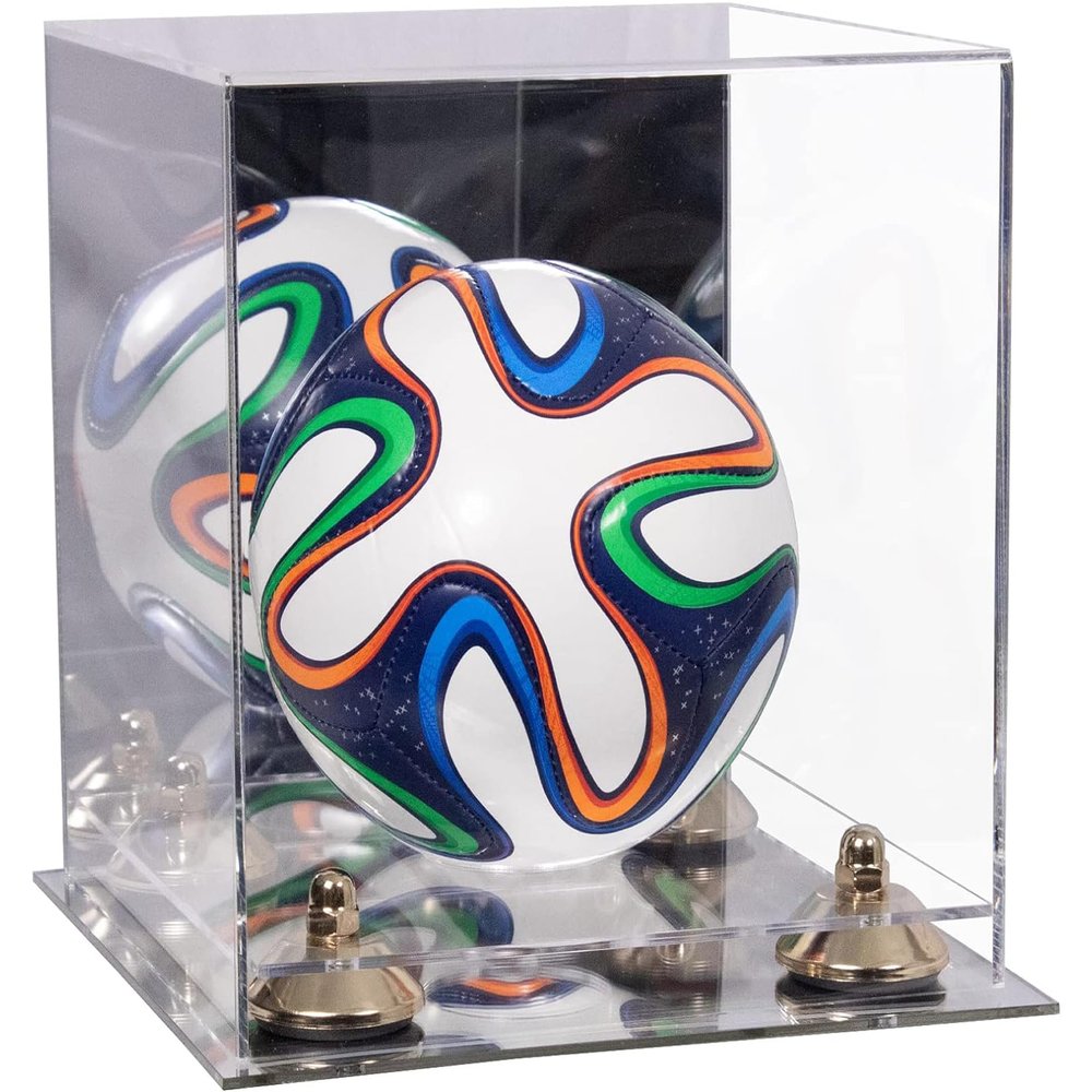 Better Display Cases Acrylic Mini - Miniature (not Full Size) Soccer Ball Display Case with Clear & Mirror Case, Gold Risers and Mirror Base (B03/A015)