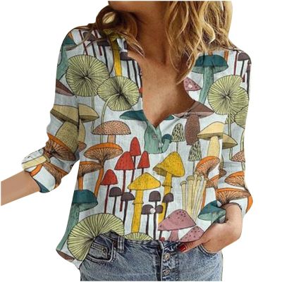 Tops for Women Lapel V Neck Mushroom Print Shirts Summer Cotton Linen Tees Shirts Long Sleeve Button Down Blouses Multicolor