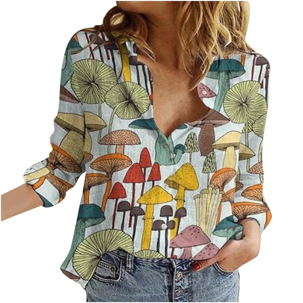 Tops for Women Lapel V Neck Mushroom Print Shirts Summer Cotton Linen Tees Shirts Long Sleeve Button Down Blouses Multicolor