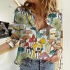 Tops for Women Lapel V Neck Mushroom Print Shirts Summer Cotton Linen Tees Shirts Long Sleeve Button Down Blouses Multicolor view 3