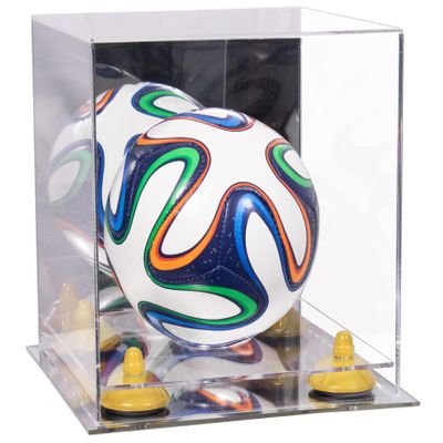 Better Display Cases Acrylic Mini - Miniature (not Full Size) Soccer Ball Display Case with Clear & Mirror Case, Yellow Risers and Mirror Base (B03/A015)