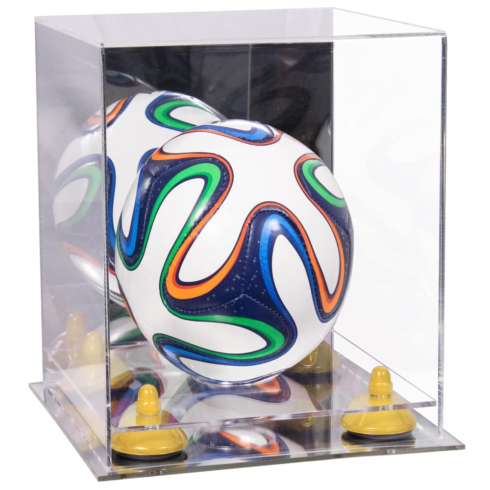 Better Display Cases Acrylic Mini - Miniature (not Full Size) Soccer Ball Display Case with Clear & Mirror Case, Yellow Risers and Mirror Base (B03/A015)