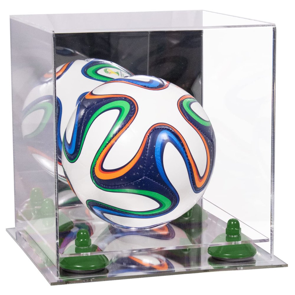 Better Display Cases Acrylic Mini - Miniature (not Full Size) Soccer Ball Display Case with Clear & Mirror Case, Green Risers and Mirror Base (B03/A015)