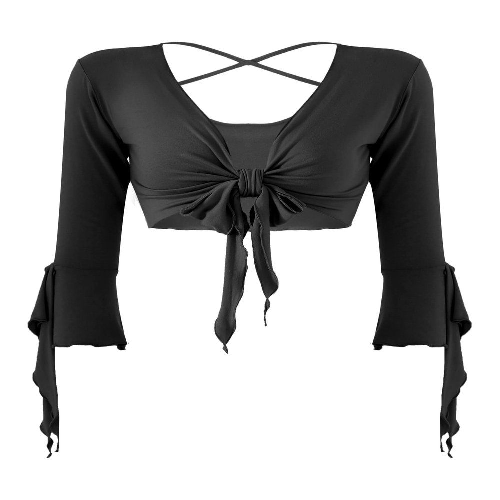 winying Women's Belly Dance Costume Wrap Tie Up Blouse 3/4 Pagoda Sleeve Bolero Shrugs Cardigans Black One Size