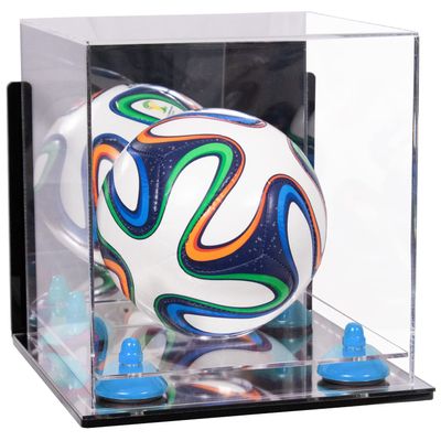 Better Display Cases Acrylic Mini - Miniature (not Full Size) Soccer Ball Display Case with Clear & Mirror Case, Light Blue Risers , Wall Mount and Mirror Base (B03/A015)