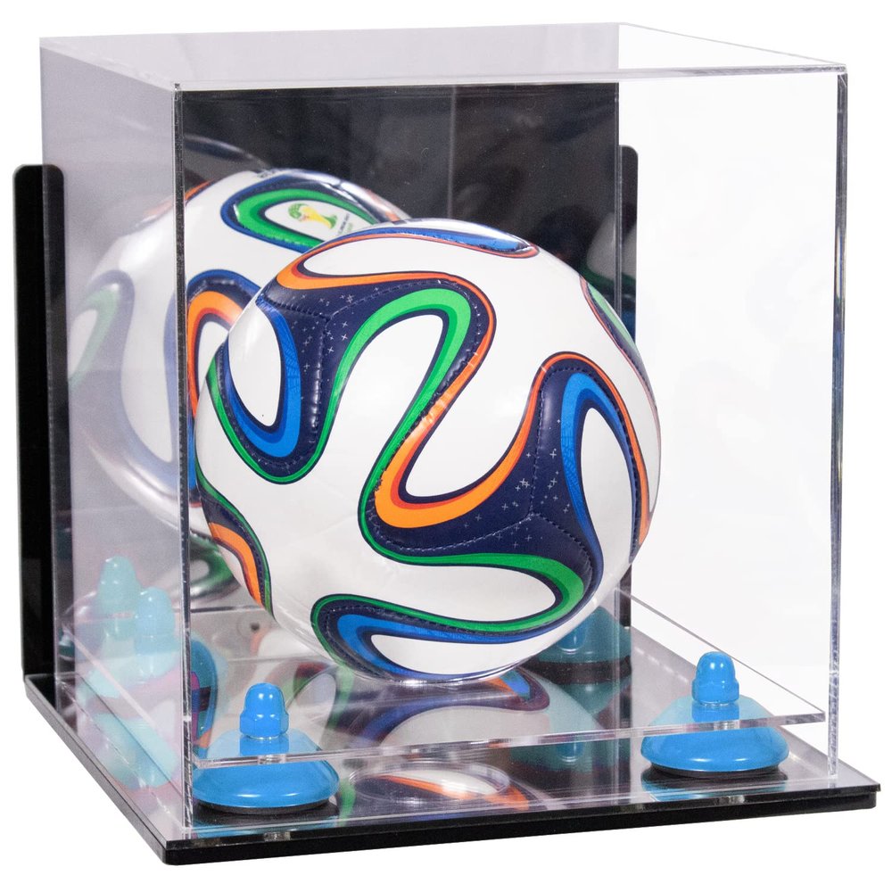 Better Display Cases Acrylic Mini - Miniature (not Full Size) Soccer Ball Display Case with Clear & Mirror Case, Light Blue Risers , Wall Mount and Mirror Base (B03/A015)
