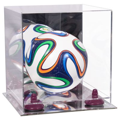 Better Display Cases Acrylic Mini - Miniature (not Full Size) Soccer Ball Display Case with Clear & Mirror Case, Purple Risers and Mirror Base (B03/A015)