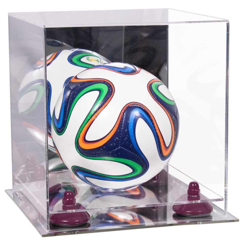 Better Display Cases Acrylic Mini - Miniature (not Full Size) Soccer Ball Display Case with Clear & Mirror Case, Purple Risers and Mirror Base (B03/A015)