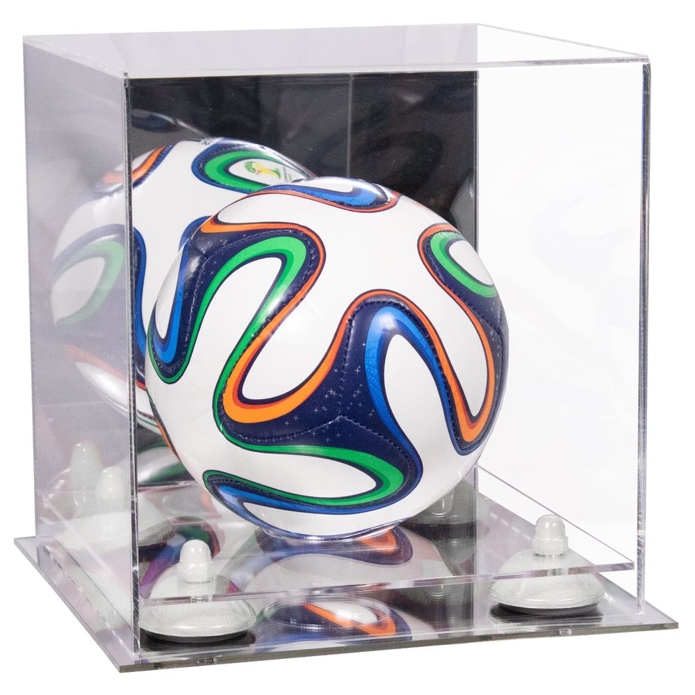 Better Display Cases Acrylic Mini - Miniature (not Full Size) Soccer Ball Display Case with Clear & Mirror Case, White Risers and Mirror Base (B03/A015)