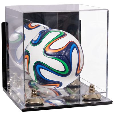 Better Display Cases Acrylic Mini - Miniature (not Full Size) Soccer Ball Display Case with Clear & Mirror Case, Gold Risers , Wall Mount and Mirror Base (B03/A015)