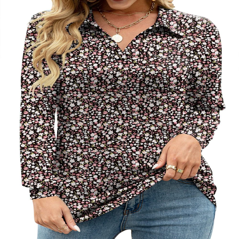 AKEWEI Womens Polo Tee Shirts Long Sleeve Tunic Tops Loose Casual V Neck Collared Blouse with Pocket Black Floral L
