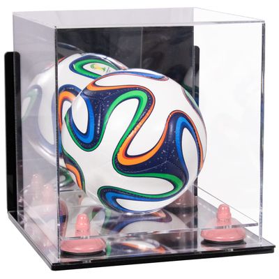 Better Display Cases Acrylic Mini - Miniature (not Full Size) Soccer Ball Display Case with Clear & Mirror Case, Pink Risers , Wall Mount and Mirror Base (B03/A015)
