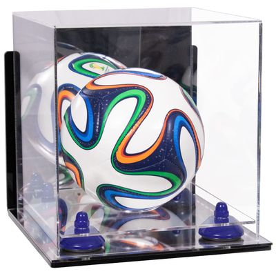 Better Display Cases Acrylic Mini - Miniature (not Full Size) Soccer Ball Display Case with Clear & Mirror Case, Dark Blue Risers , Wall Mount and Mirror Base (B03/A015)