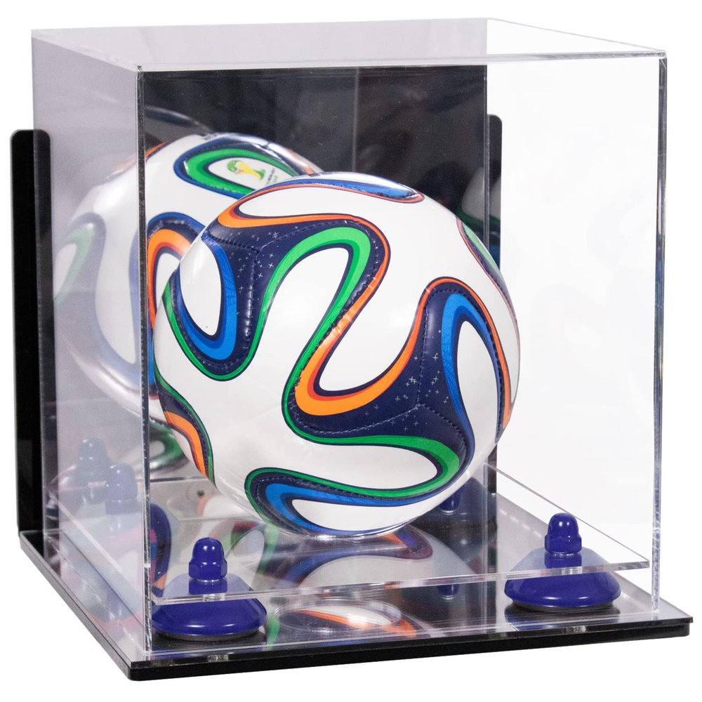 Better Display Cases Acrylic Mini - Miniature (not Full Size) Soccer Ball Display Case with Clear & Mirror Case, Dark Blue Risers , Wall Mount and Mirror Base (B03/A015)