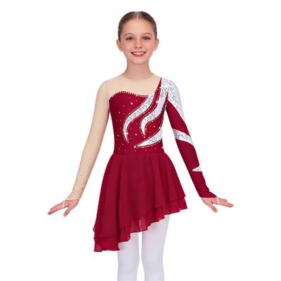 Loyan Kids Girls Rhinestone Sequin Long Sleeve Figure Ice Roller Skating Dress Dance Competition Costume Red 10 Years