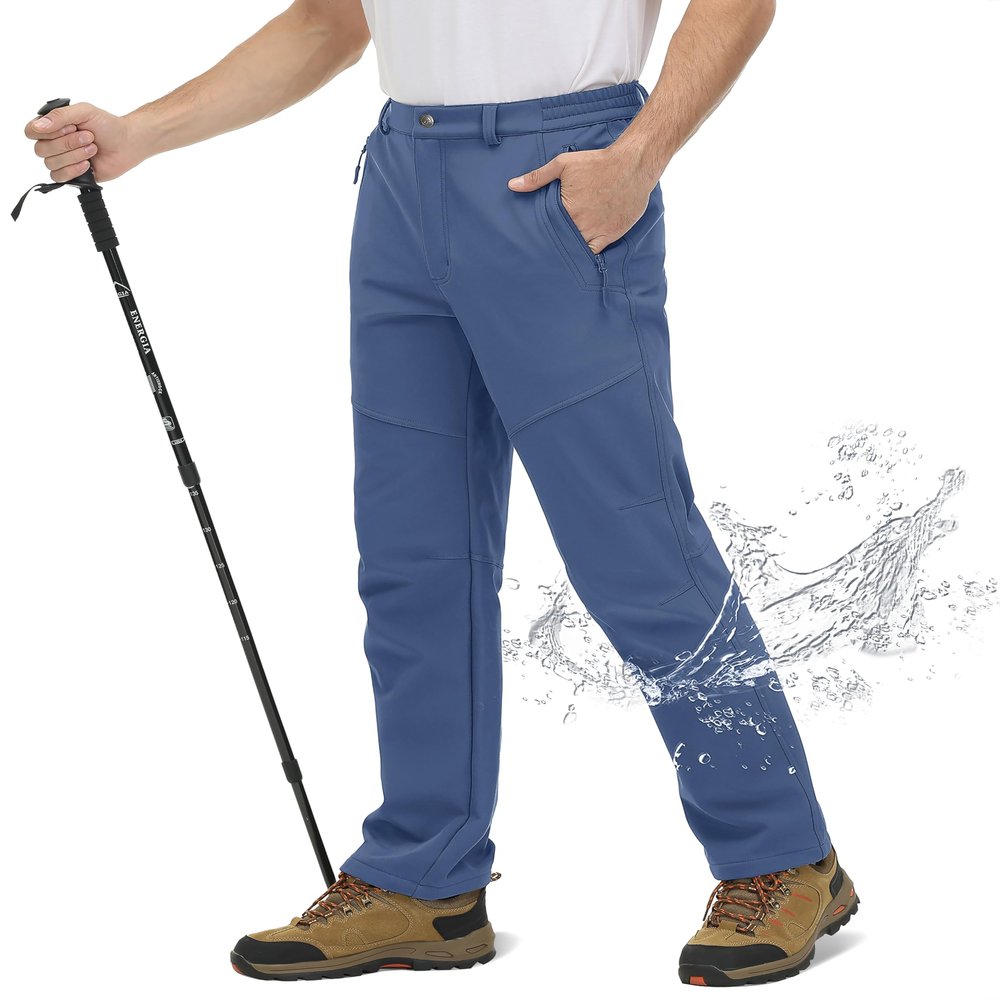 TACVASEN Men's Fleece Pants with Zipper Pockets Outdoor Winter Pants for Men Water Resistant Soft Shell Pants Cold Weather Clothes for Men Blue Grey