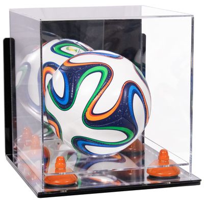 Better Display Cases Acrylic Mini - Miniature (not Full Size) Soccer Ball Display Case with Clear & Mirror Case, Orange Risers , Wall Mount and Mirror Base (B03/A015)