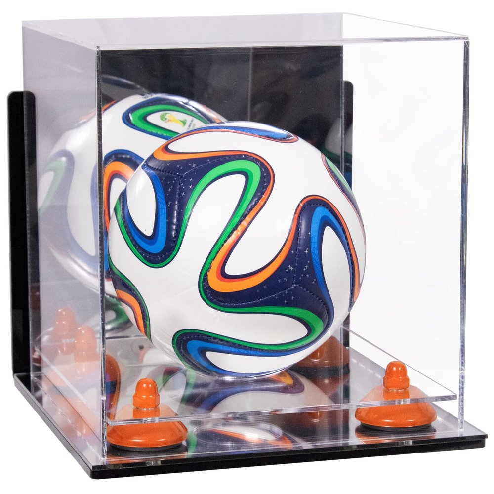 Better Display Cases Acrylic Mini - Miniature (not Full Size) Soccer Ball Display Case with Clear & Mirror Case, Orange Risers , Wall Mount and Mirror Base (B03/A015)