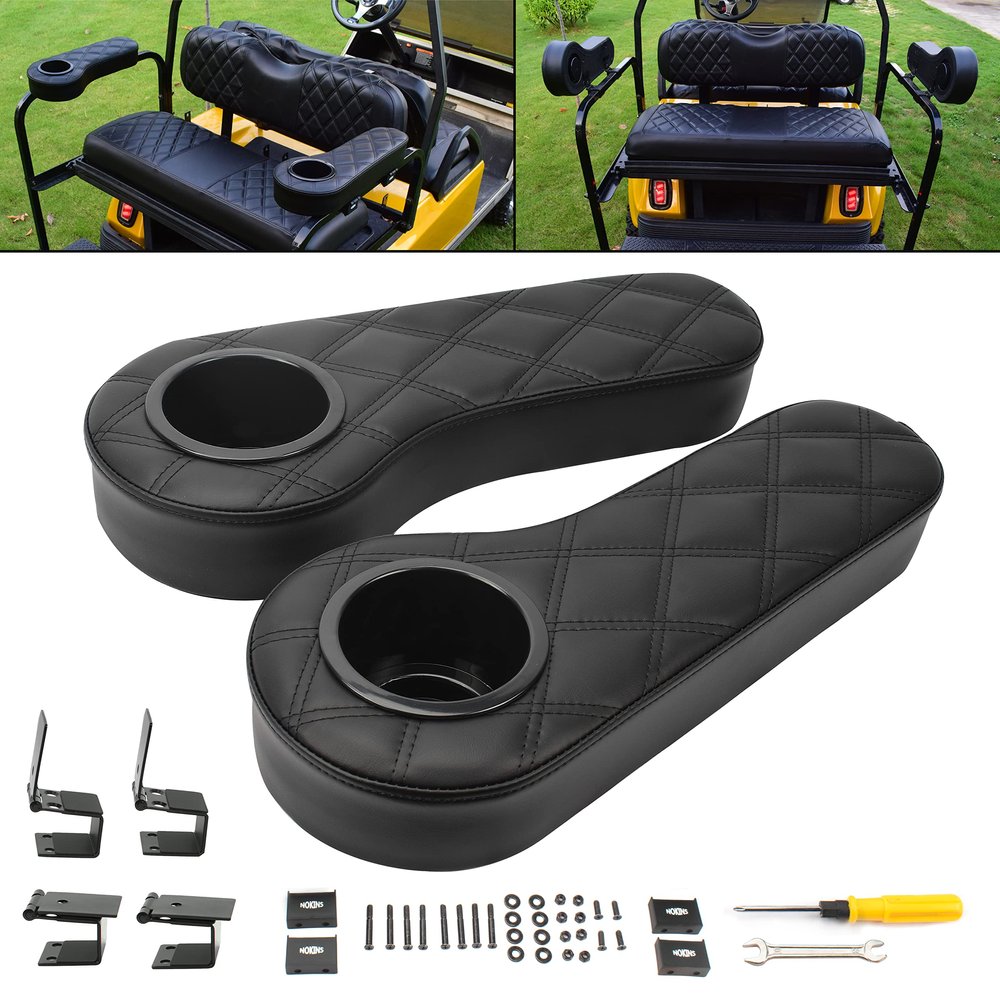 NOKINS Golf cart flip armrest with Cup Holder, no Drilling Required, for Club car/EzGo/Yamaha, Club cart Black Stitching armrest kit