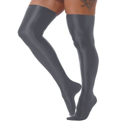 Daenrui Women's Shiny Thigh High Stocking Pantyhose Socks Glossy Stay Up Silk Footed Opaque Tights Grey One Size