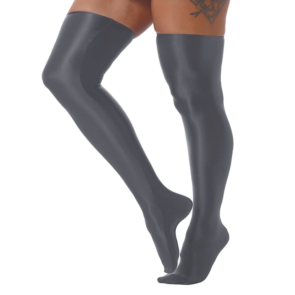 Daenrui Women's Shiny Thigh High Stocking Pantyhose Socks Glossy Stay Up Silk Footed Opaque Tights Grey One Size