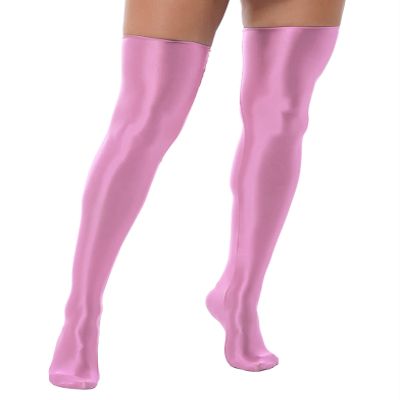 Daenrui Women's Shiny Thigh High Stocking Pantyhose Socks Glossy Stay Up Silk Footed Opaque Tights Pink One Size