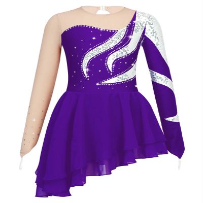 Jhaoyu Girls Figure Skating Dress Shiny Sequin Mesh Long Sleeve Roller Skating Competition Leotard Ballet Tutu Dress Purple 16 Years