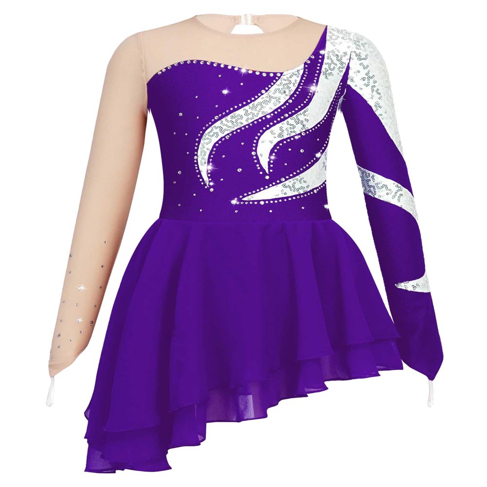 Jhaoyu Girls Figure Skating Dress Shiny Sequin Mesh Long Sleeve Roller Skating Competition Leotard Ballet Tutu Dress Purple 16 Years