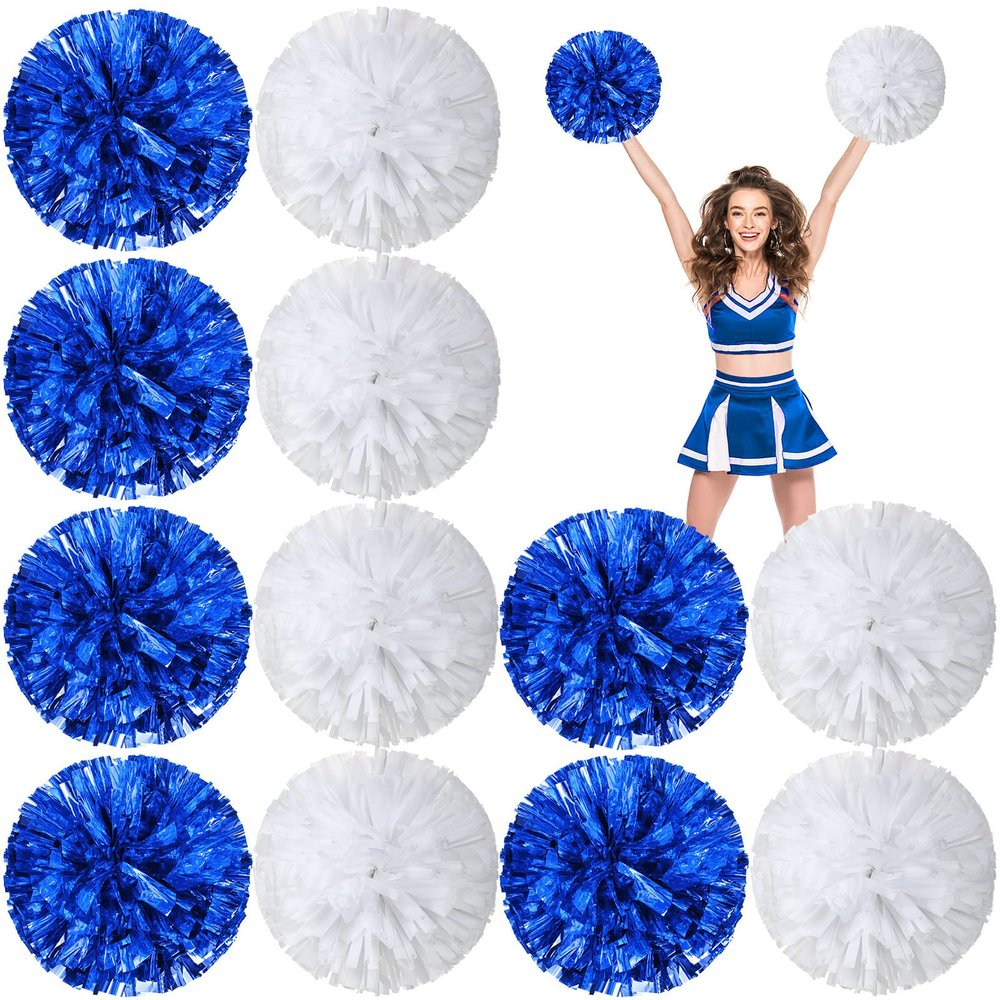 Deekin 12 Pcs Cheerleading Pom Poms Cheerleader Squad Spirited Fun Pompoms 12 Inch Metallic Foil Cheer Pom Poms with Handle Flowers for Sport Team Dance Costume Party 50g Weight Each(Blue, White)