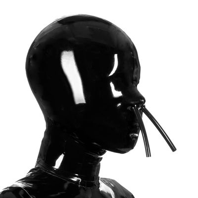 EXLATEX Latex Hood Mask Rubber Catsuit Gummi Blackout Hoods with Nose tubes Zipped Latex Mask (XL, Black-0.4mm)