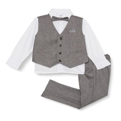 Isaac Mizrahi Slim Fit Boy's Solid Tweed Vest, Shirt, Bowtie, and Pant Set, Gray, 5