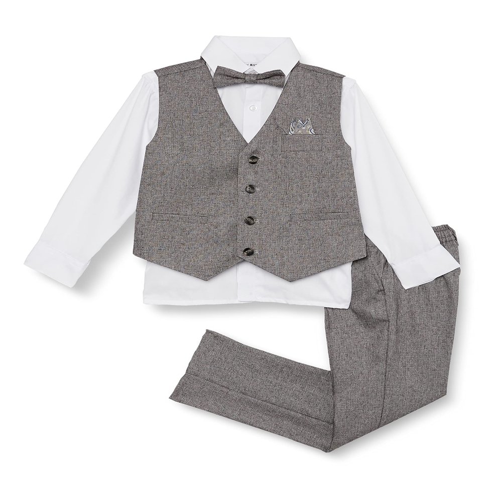 Isaac Mizrahi Slim Fit Boy's Solid Tweed Vest, Shirt, Bowtie, and Pant Set, Gray, 5