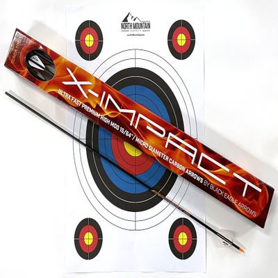 Black Eagle X-Impact Crested Hunting Arrows  2" Vanes, 0.001 Straightness, 350 Spine, 32" Shaft  Series 15 Nano Diameter, 6 Pack with Target  Sold by North Mountain Supply
