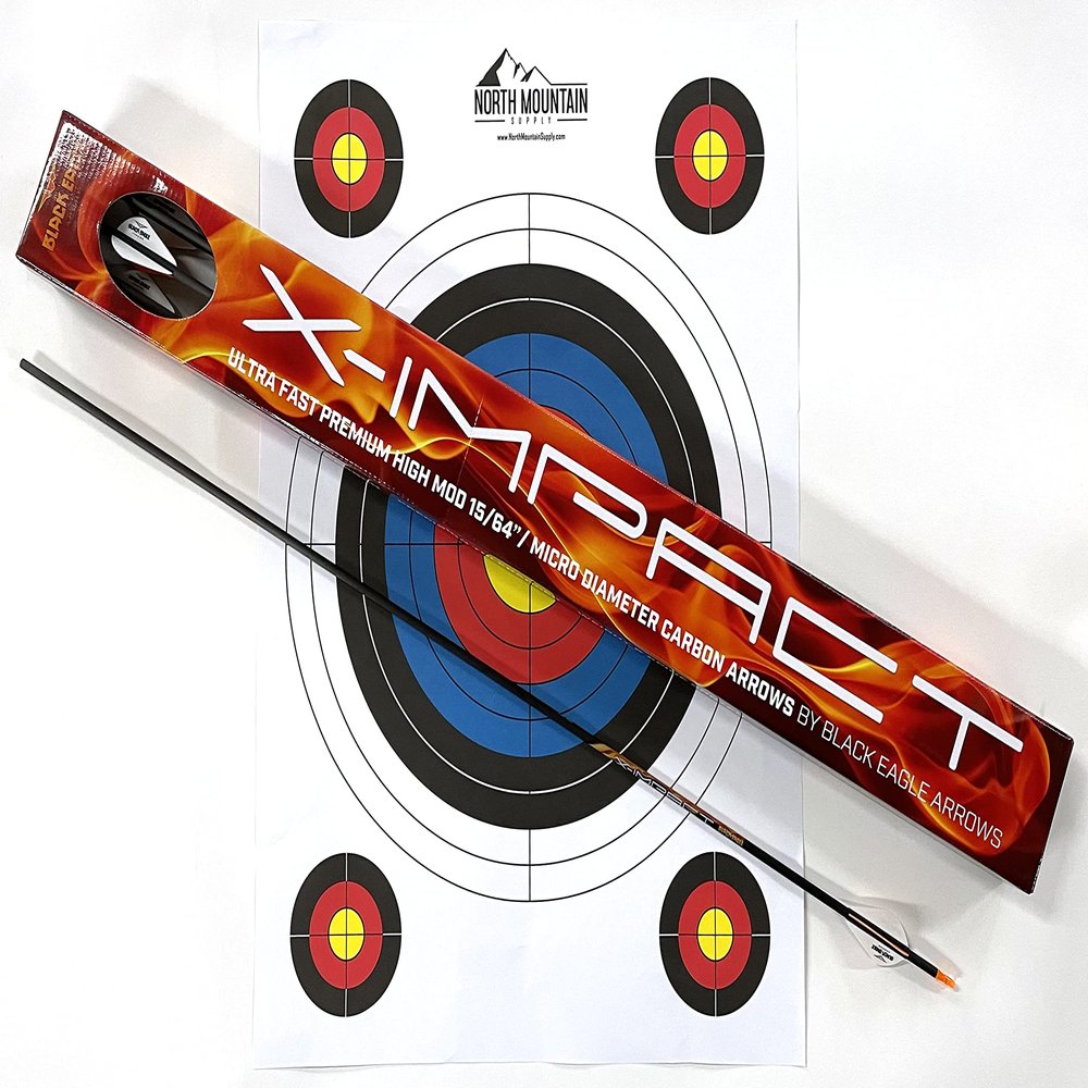 Black Eagle X-Impact Crested Hunting Arrows  2" Vanes, 0.001 Straightness, 350 Spine, 32" Shaft  Series 15 Nano Diameter, 6 Pack with Target  Sold by North Mountain Supply