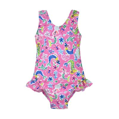 Flap Happy Baby Girls' One Piece Swimsuit | Girls' Delaney Hip Ruffle Swimsuit | Made from Recycled Bottles | UPF 50+ Highest Certified UV Sun Protection, Mystic Mermaids, 8
