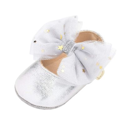 Babies Shoes Princess Rubber Dress Flat First Bowknot Sole Mary Shoes Girls Baby Baby Shoes Infant Boots Silver