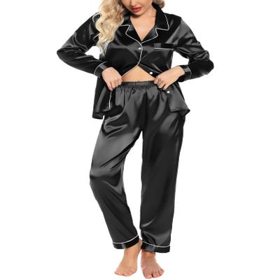 Pjmlifecoco Satin Pjs Women's Button Up Pajama Set Long Sleeve Loungewear Silk Two Piece Sleep Set Black