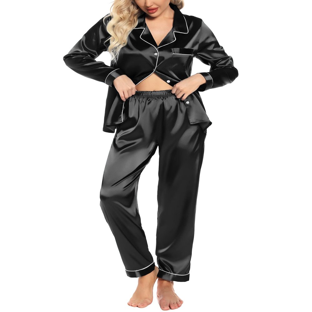 Pjmlifecoco Satin Pjs Women's Button Up Pajama Set Long Sleeve Loungewear Silk Two Piece Sleep Set Black