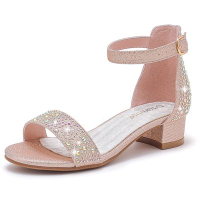 Dufannie Girls Gold Heels Sparkle Flower Girls Dress Shoes with Ankle Strap Low Heel Shoes Birthday Party Wedding Performances Sandals for Little Big Kids(3603Gold 11)