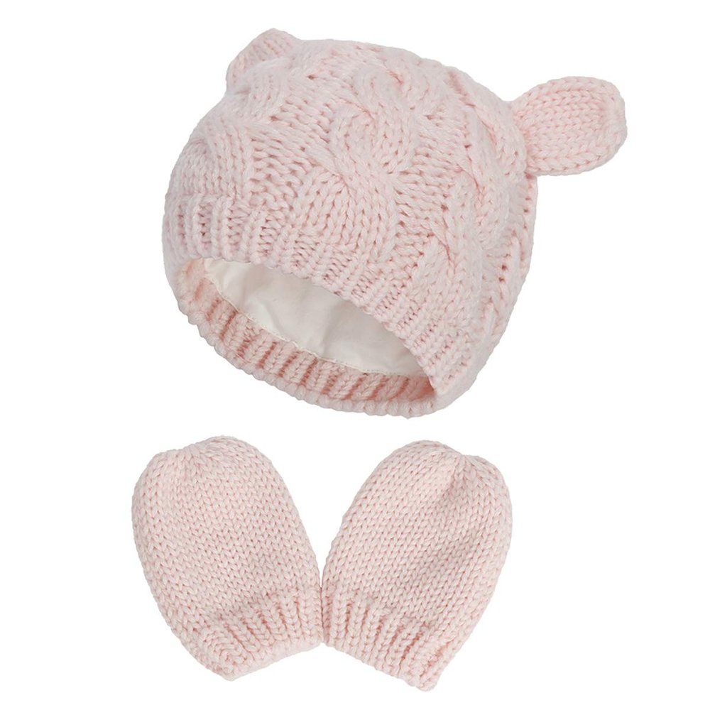 homeemoh Newborn Baby Winter Hat and Mitten Set, Toddler Girls Boys Knitted Beanie and Gloves Set,Pink,6-18 Month
