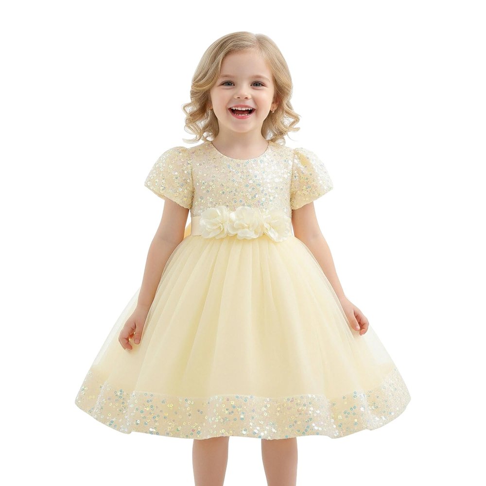 AGQT Infant Girls Sequin Tutu Dress Big Bow-knot Princess Short Sleeve For Babies Lace Birthday Party Elegant Formal Dress Apricot Size 18-24 Months