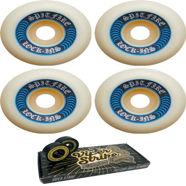 57mm Spitfire Wheels Formula Four Lock Ins White/Blue Skateboard Wheels - 99a with Viper Strike Skateboard Bearings 8mm Precision ABEC 7 Skateboard Bearings - Bundle of 2 Items