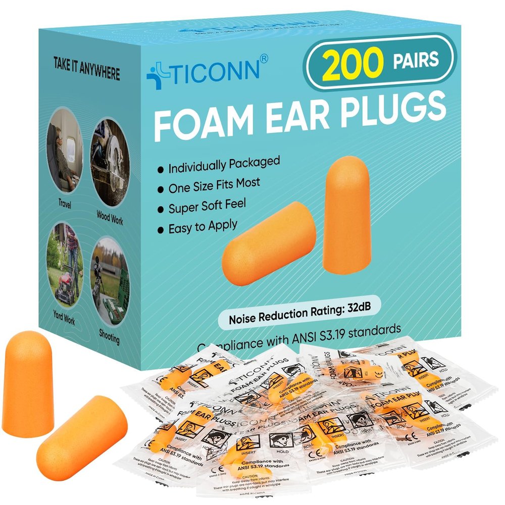 TICONN 200 Pairs Foam Ear Plugs, Hunting Earplugs Individually Wrapped 32dB NRR Noise Reduction Ear Plugs for Sleeping Fishing Passive Hearing Protection Travel Study Concentration (200 Pairs)