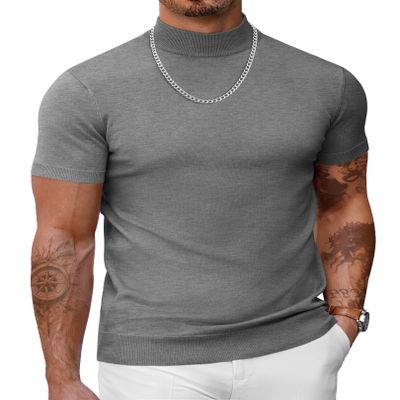 COOFANDY Mens Fashion Mock Turtleneck Short Sleeve Mock Neck Pullover Sweater Slim Fit Casual Knitted Basic Tops Dress Undershirt Grey Large