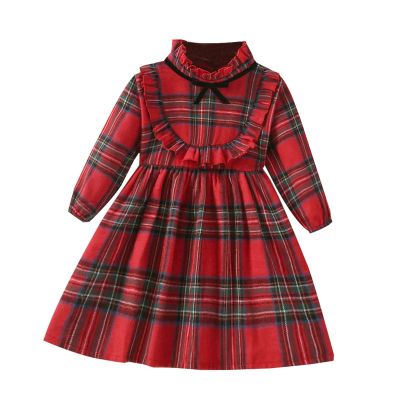 Toddler Kids Child Infant Baby Girls Long Sleeve Patchwork Plaid Bowknot Princess Dress Clothes (Red, 5-6 Years)