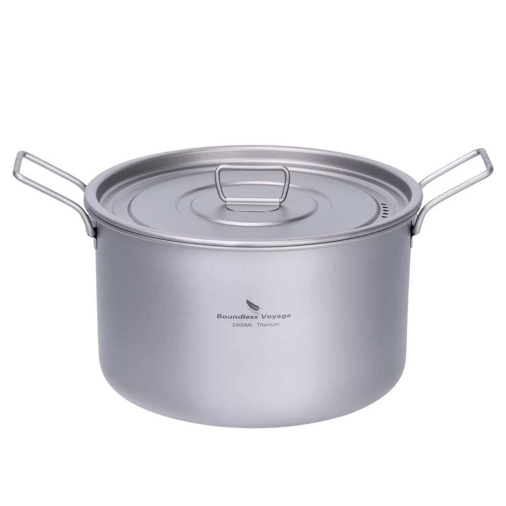 iBasingo 2.4L Titanium Soup Pot with Lid Camping Cookware with Foldable Handle Portable Lightweight Outdoor Kitchen Cooking Kit for Backpacking Hiking Picnic Fishing Mountaineering Ti2108C