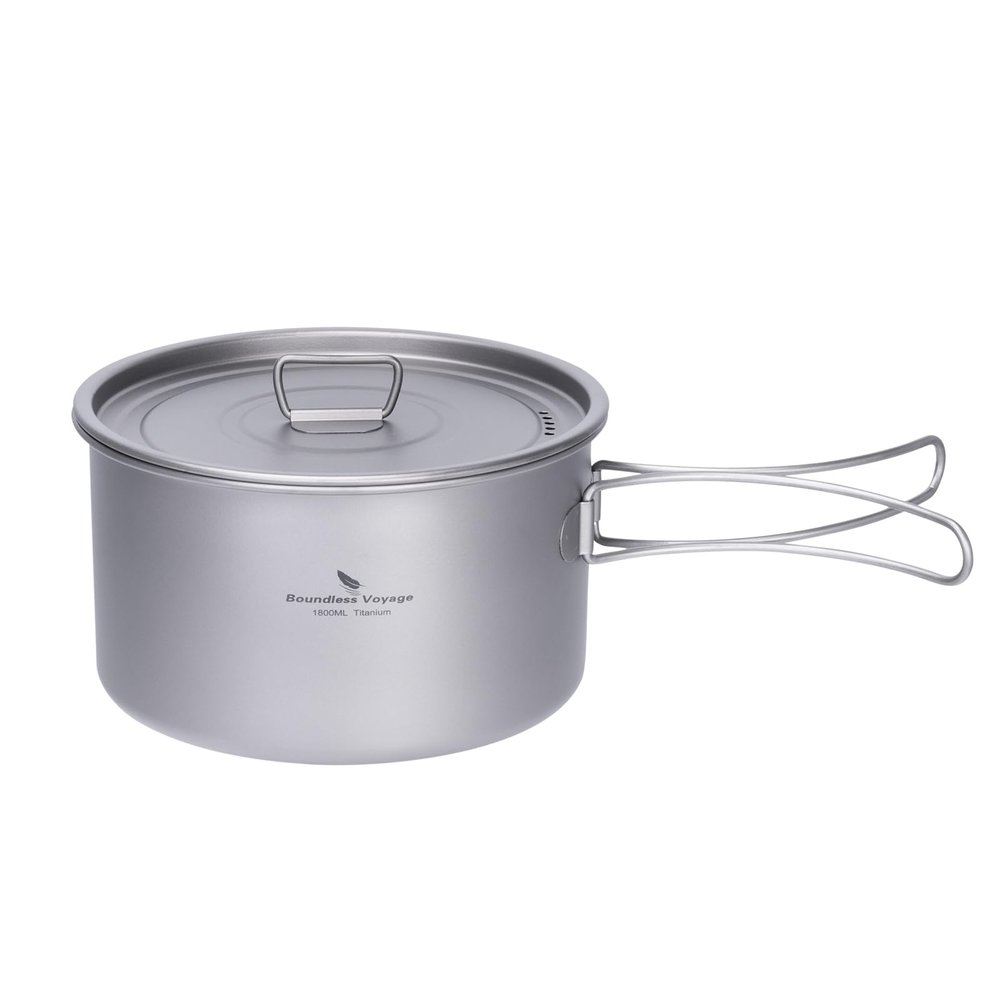 iBasingo 1.8L Titanium Cooking Pot with Lid Camping Cookware with Foldable Handle Outdoor Portable Lightweight Cooking Kit for Backpacking Hiking Picnic Fishing Mountaineering Ti2107C (1 pc)