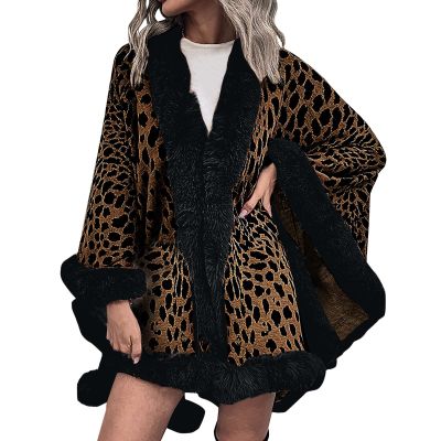 tuduoms Womens Winter Loose Large Size Leopard Knitted Cardigan Bat Sleeve Fur Trim Warm Poncho Coat Outerwear Oversized Cape