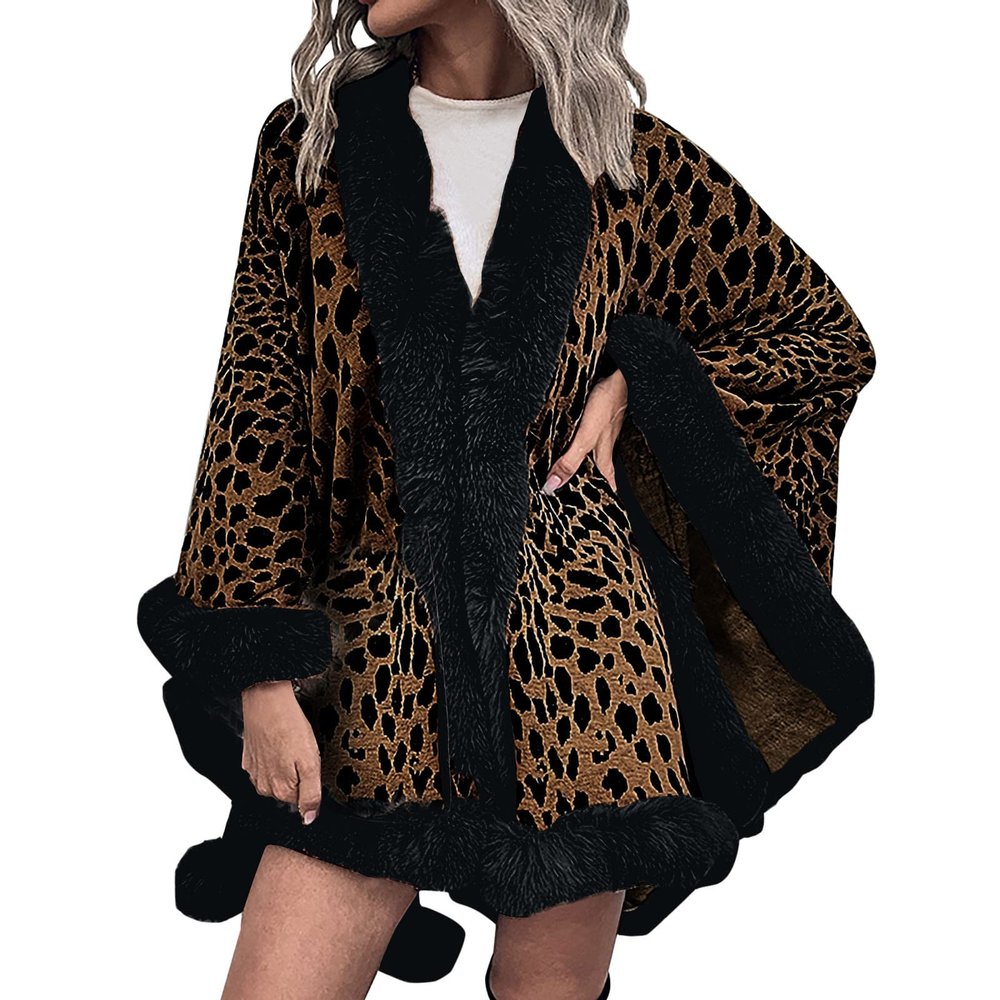 tuduoms Womens Winter Loose Large Size Leopard Knitted Cardigan Bat Sleeve Fur Trim Warm Poncho Coat Outerwear Oversized Cape